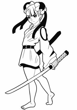 A cute girl fighter drawn in the style of Japanese manga comics. She has her hair in two buns, she is dressed in a kimono, and she holds a large katana in her hands. Stands barefoot in a menacing pose