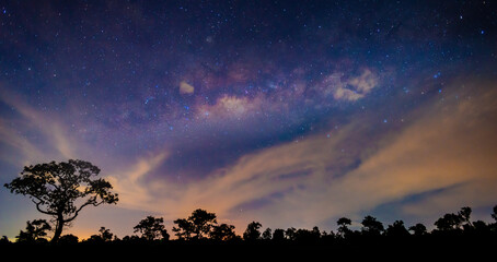 Milky Way in the dark night. selection focus.Panorama blue night sky milky way and star on dark...