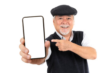 Asian senior businessman , old man with suit feel happy showing big smart phone with blank screen , white screen isolated on white background - smart phone empty display Mock Up Image