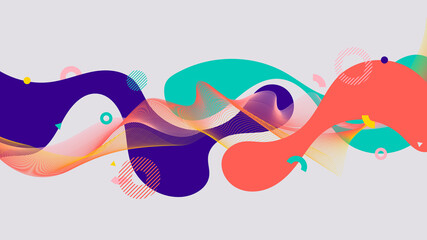Abstract fluid shapes wave lines and geometric elements on white background - obrazy, fototapety, plakaty