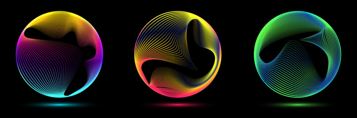 Set of glowing neon color circles round curve shape with wavy dynamic lines isolated on black background - 513112767