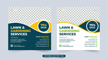 Lawn and gardening service social media post design. Agriculture and farming business advertisement flyer vector. Lawn mower and harvesting work service discount social media banner template.