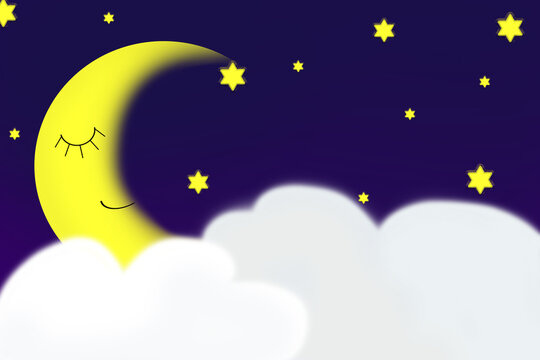 A crescent moon with face and stars and clouds in the night sky
