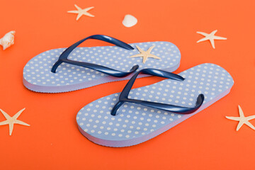 Beach accessories. Flip flops and starfish on colored background. Top view Mock up with copy space