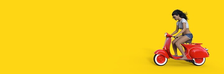 Plakat Junge Frau mit Sonnenbrille auf rotem Roller vor gelbem Hintergrund, Vespa, Shorts, Jeans, das süsse Leben, Italien, 3d Rendering