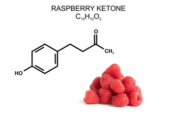 Raspberrys and structural formula of raspberry ketone. 