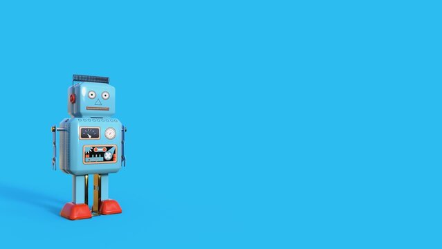 Roboter, Retro, Spielzeug, blau , blauer Hintergrund,  3d Rendering  