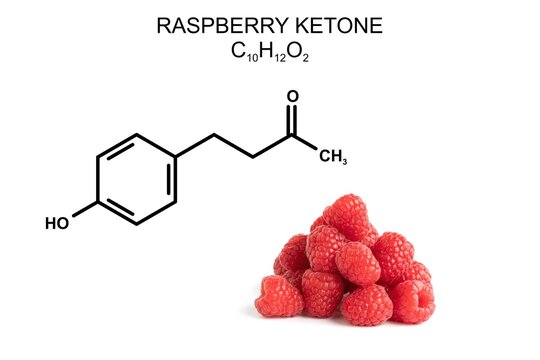 Raspberrys and structural formula of raspberry ketone. 