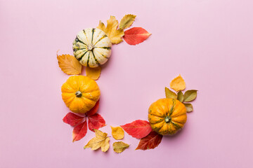 Autumn composition Pumpkins with fall leaves over coloredbackground. Top view with copy space