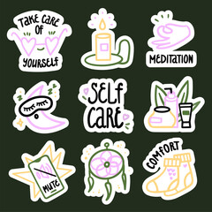 Self care sticker set. Vector cute doodles. Take care of yourself, candle, meditation, creams, dream catcher, warm socks, mute. Bingo game.
