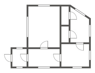 Apartment architectural plan. Black and white isolated condominium or house. Floor plan, interior design kitchen, bedrooms, living room, dining room and bathroom. Apartment without furniture top view