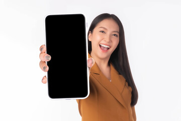 beautiful Asian young woman ,Excited surprised girl showing smart phone with blank screen , black screen for Mobile App Advertising isolated on white background , smart phone display Mock Up Image