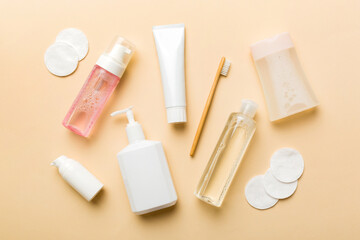 Mockup for bathing products top view flat lay, spa razor, toothpaste, soap, gel and other various accessories. Cosmetics for skin health. Bath Mockup for your logo