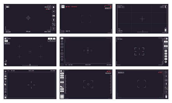 Camera Viewfinders Set. Focusing Screen Recording. Black Screen Cameras With Video Shooting Parameters, Photo Quiality Indicators. Digital Zoom Recording For Modern Vector Bloggers