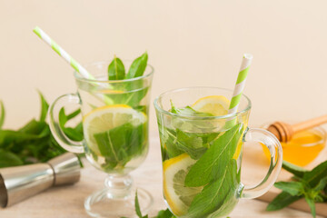 Mojito cocktail. Refreshing mojito cocktail with lime, lemon and mint in a tall glass with a stick