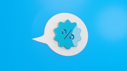 Rabatt-Icon auf einer weissen Sprechblase mit hellem Hintergrund, 3D-Rendering