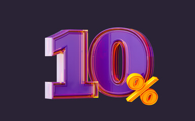 purple glass effect realistic 10 percent number symbol 3d render big sale online shopping banner