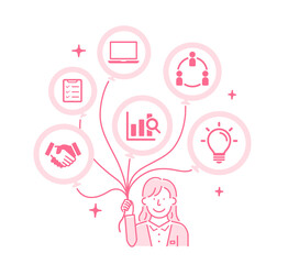 Vector illustration of business woman with many balloons