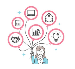 Vector illustration of busdiness woman with many balloons