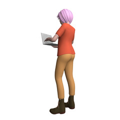 Modern fashionable woman with lilac, purple hair is standing with a laptop. 3d illustration.