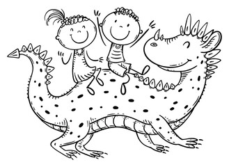 Line drawing of happy children riding a fairy red dragon