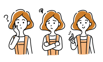 主婦の疑問と解決の表情イラストセット/白背景