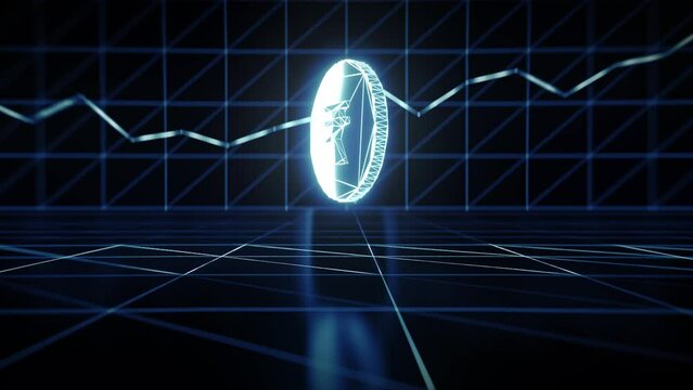 Digital Rupee coin floating on digital surface, growth chart in background. neon design. 3d render.