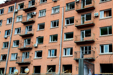 Broken windows and destroyed facade
