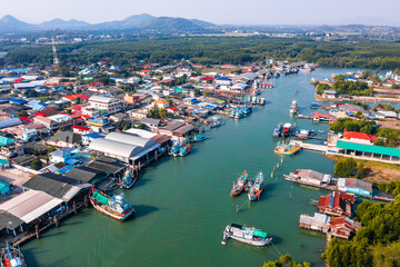 Aerial view of Pak Nam Pranburi Estuary in Prachuap Khiri Khan, Thailand