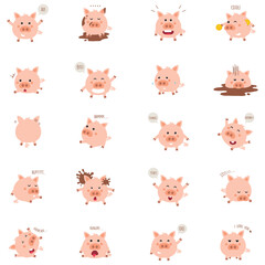 Funny pigs cartoon characters set. flat collection of little cute animals in various situations, singing, acting, dancing, and having fun.
