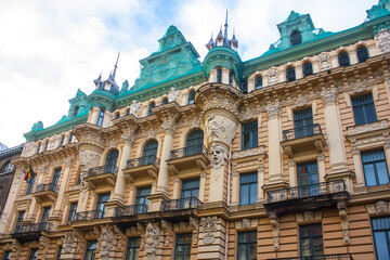 Fototapeta na wymiar Facade of an Art Nouveau building on Alberta Street in Riga, Latvia 