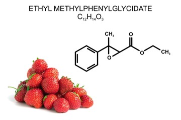 Group of strawberrys and structural formula of ethyl methylphenylglycidate