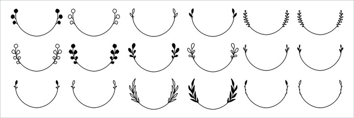 Set of 18 hand drawn spring wreaths isolated on white background, vector. Outline and silhouette frames with leaves. Doodle style.Collection of floral monogram frames.