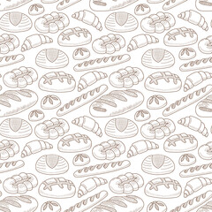 Hand drawn bakery seamless pattern on white background for menu design or bakery shop, cooking doodles concept with different kinds of bread
