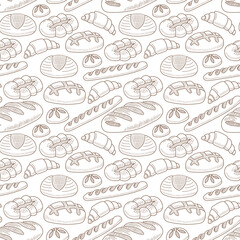 Hand drawn bakery seamless pattern on white background for menu design or bakery shop, cooking doodles concept with different kinds of bread