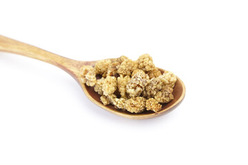 Mulberry dry berries morus alba in wooden spoon isolated on white