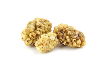 Dried mulberry isolated on white background. Dry sweet berries morus alba
