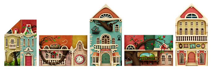 Isolated cartoon design elements of houses buildings for city, street. 