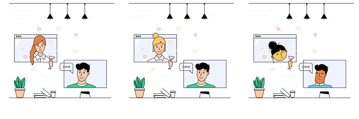 Set of illustrations of romantic communication on a dating site of young man and woman online.Virtual communication at a distance during quarantine.Dating site.Online dating stock vector illustration.