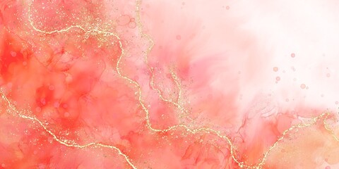 Gradient red, pink, coral, hues, abstract fluid liquid paint, digital alcohol ink illustration with golden stripes. Marble flowing art. Invitation, greeting card, social media. Wide panorama banner.