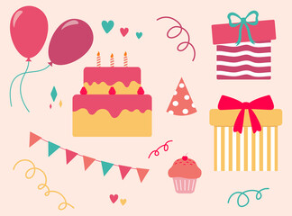 Birthday Group Of Objects. Celebration Pink Set Vector Illustration In Flat Style