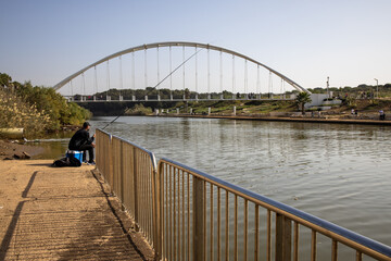 Park Nahal in Hadera, Top view of the  pedestrian bridge over the river Hadera