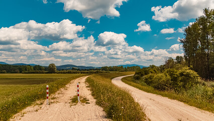 Beautiful summer view at the famous Infohaus Isarmuendung, Moos, Bavaria, Germany