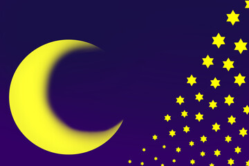 A crescent moon with stars in the night sky, cartoon style