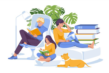 Reading club flat vector illustration. Family: father, mother , daughter and dog reading at home. Togetherness leisure