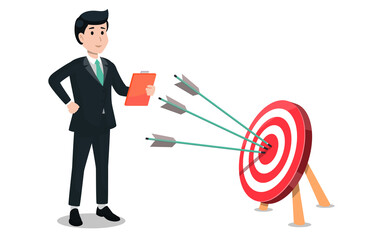 A businessman looks at a graph in his hands, an archery target with arrows.