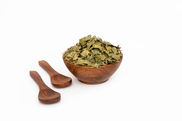 Ayurvedic neem or azadirachta indica or ayurveda dry green leaves isolated on white background