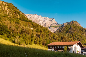 Beautiful alpine summer view with the famous Untersberg mountain near Marktschellenberg, Berchtesgaden, Bavaria, Germany