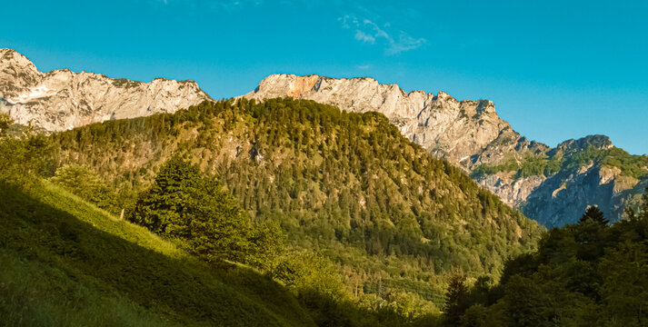 Beautiful alpine summer view with the famous Untersberg mountain near Marktschellenberg, Berchtesgaden, Bavaria, Germany