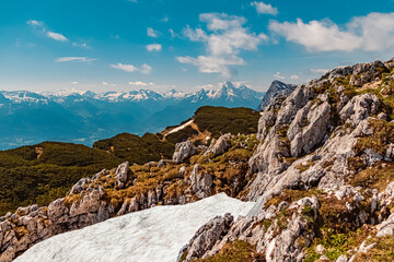 Beautiful alpine summer view with the Watzmann summit at the Untersberg mountain, Groedig, Salzburg, Austria